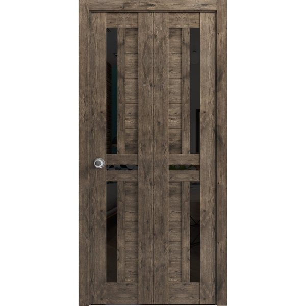 Sartodoors Sliding Closet Bi-fold Doors 48 x 96in, Veregio 7588 Cognac Oak W/ Black Glass, Sturdy Tracks VEREGIO7588BF-AKA-4896